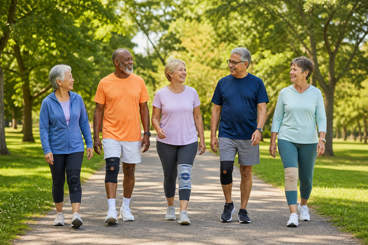 Older adults walking in park, some with knee braces, after joint pain relief