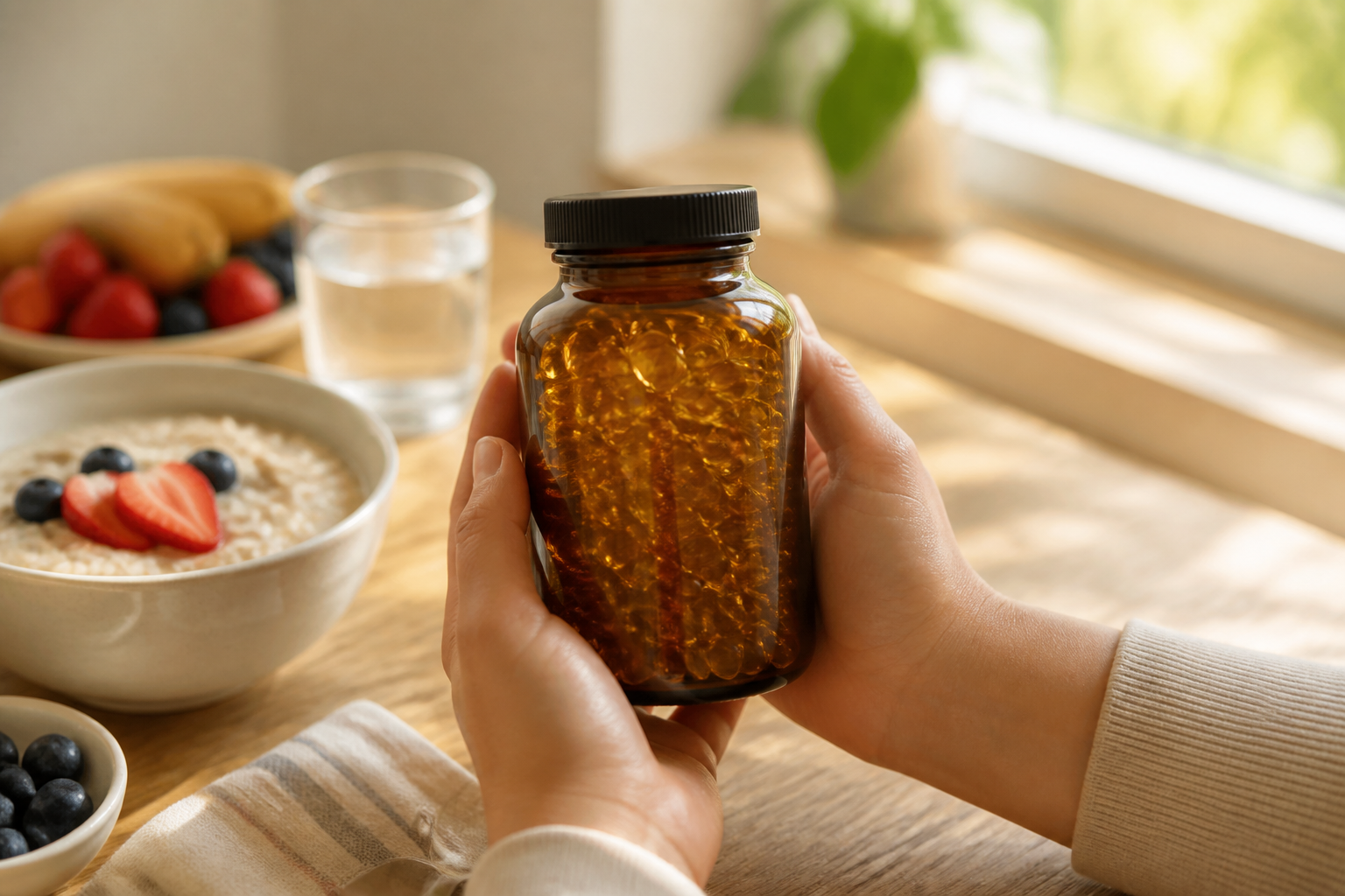 Hands holding fish oil bottle at breakfast table