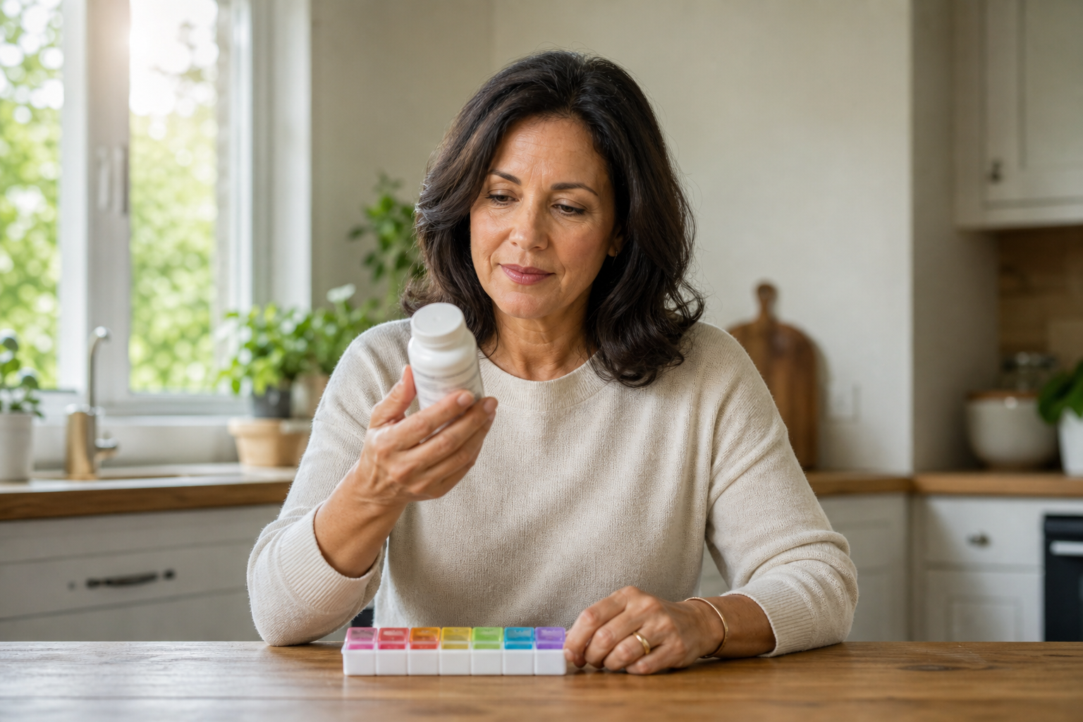 Woman reading supplement label for omega-3 at kitchen table