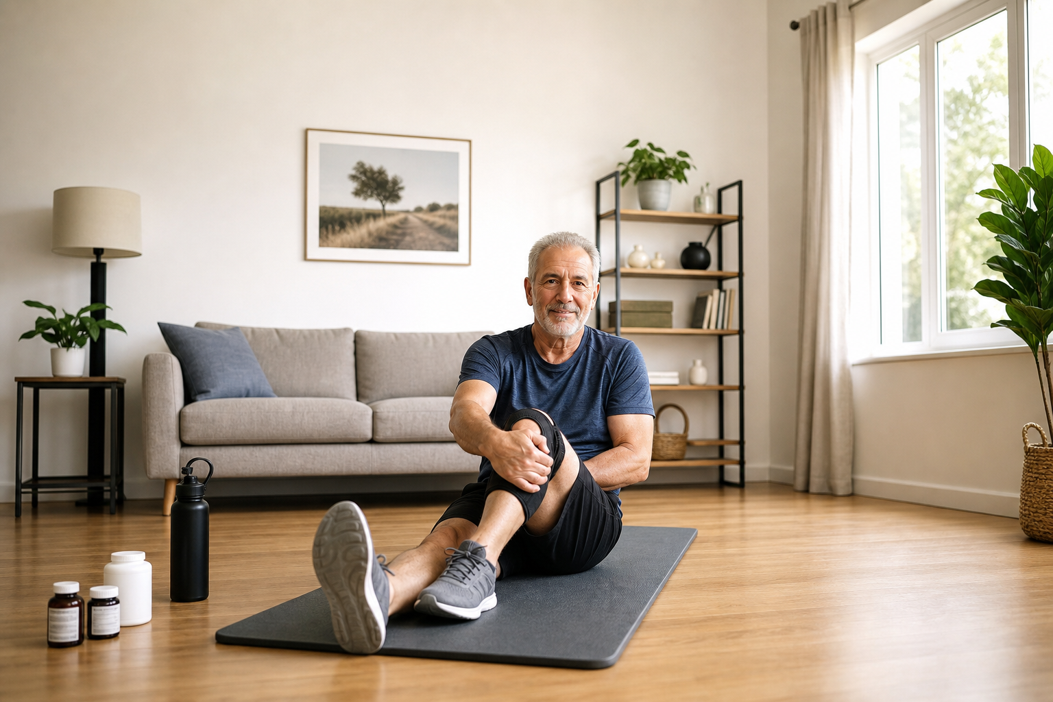 Senior man stretching with knee brace and supplements