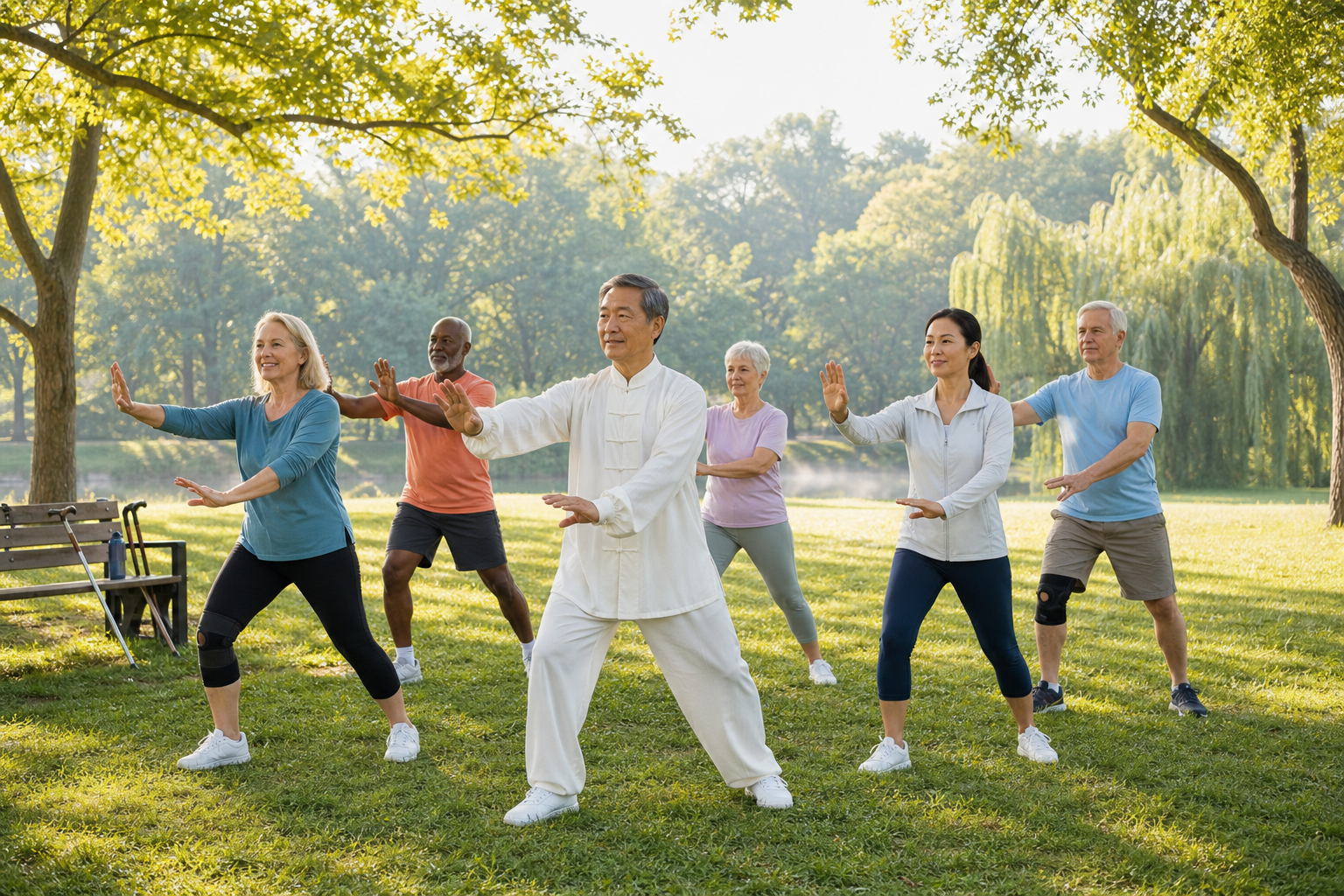 Adults and seniors practice tai chi in a green park, some wearing joint braces.