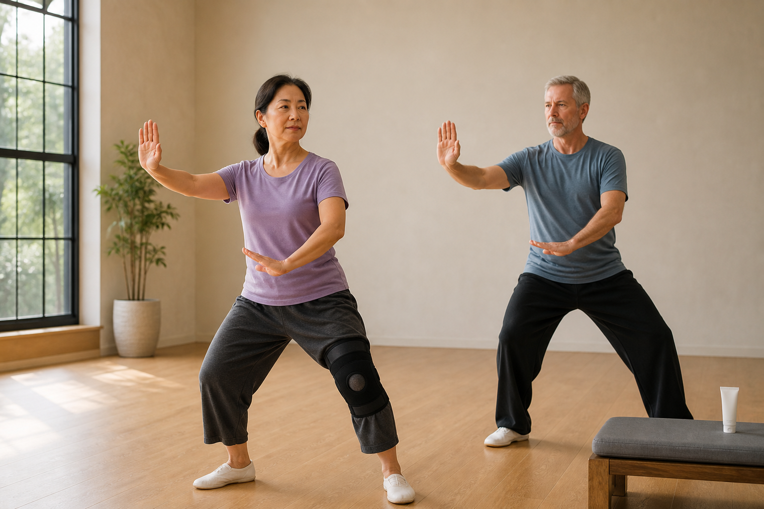 Close-up of hands and knees during indoor tai chi, showing a knee brace and arthritis gel.