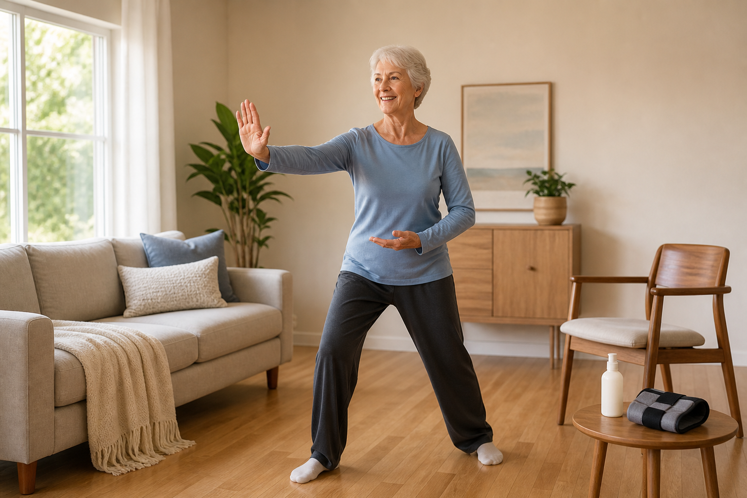 Older woman does tai chi at home, arthritis gel and knee brace visible on table.