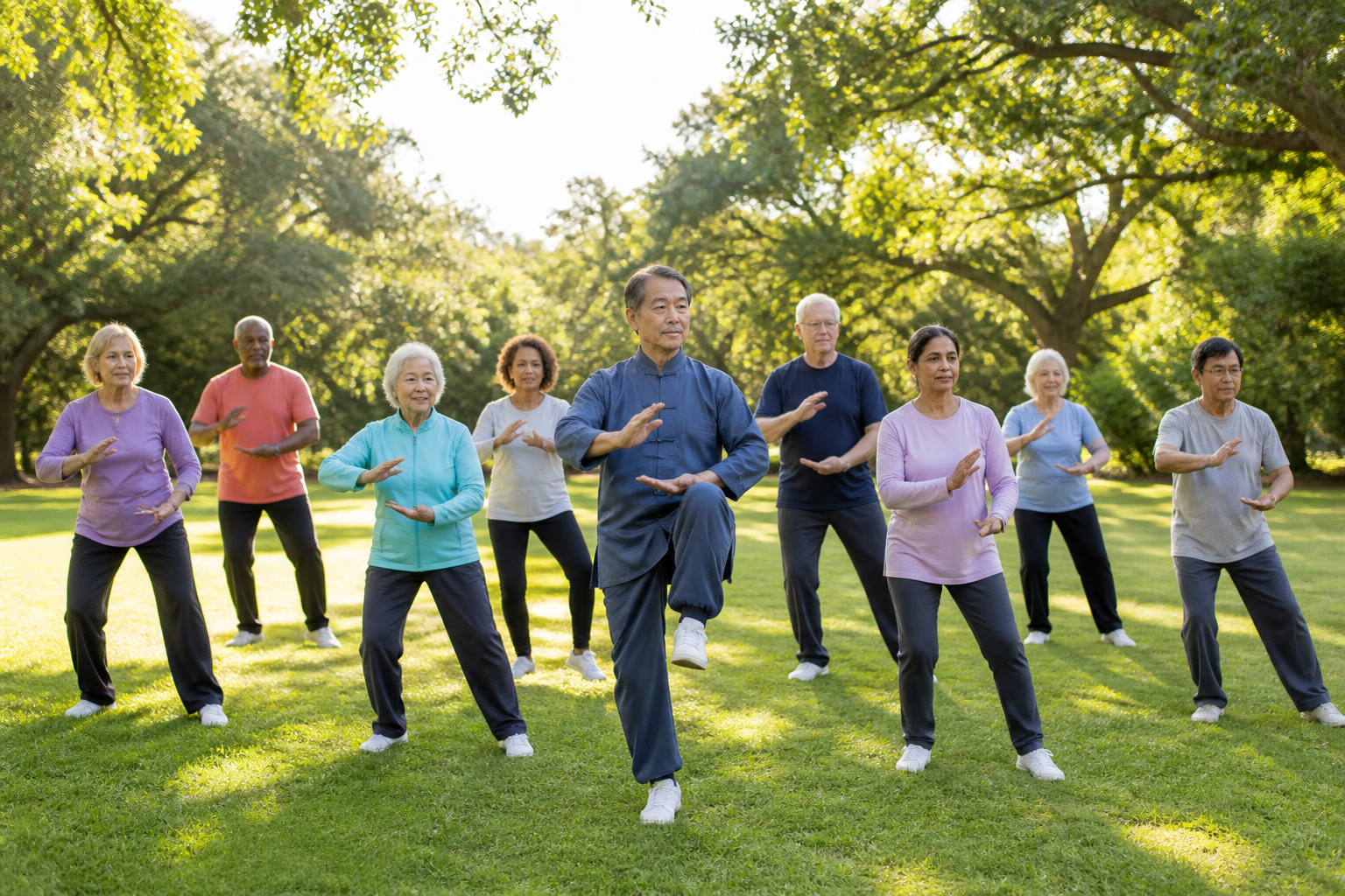 Group of older adults practicing tai chi for arthritis and balance in a sunny park