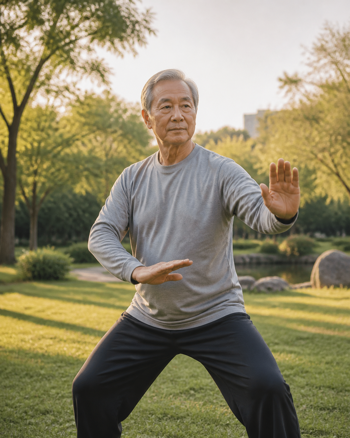 Close-up of senior man's hands and knees doing tai chi for joint health