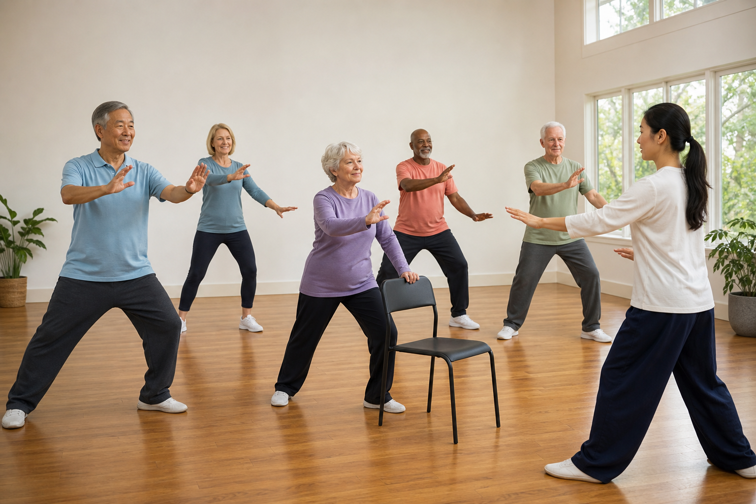 Seniors practicing tai chi indoors for balance and arthritis relief, with chair support