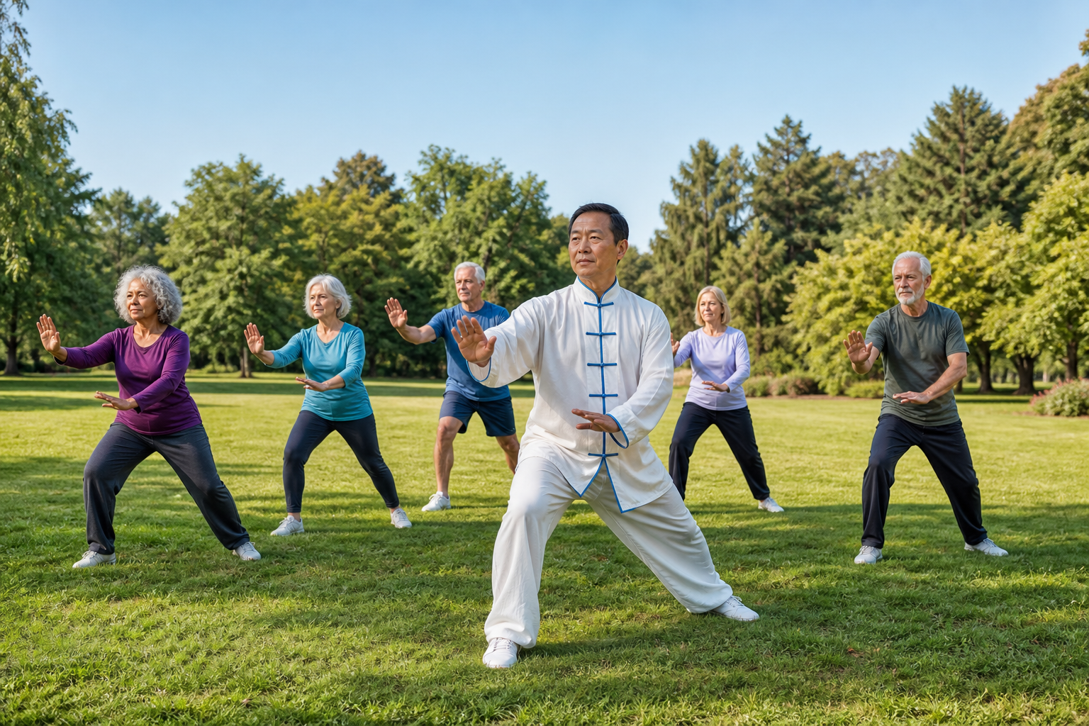 Group of seniors practicing tai chi in a park for arthritis and balance