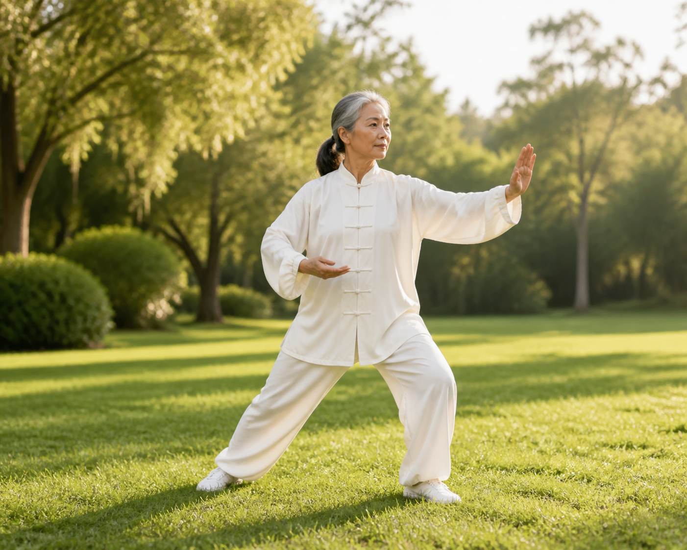 Close-up of senior woman's feet shifting weight during tai chi outdoors