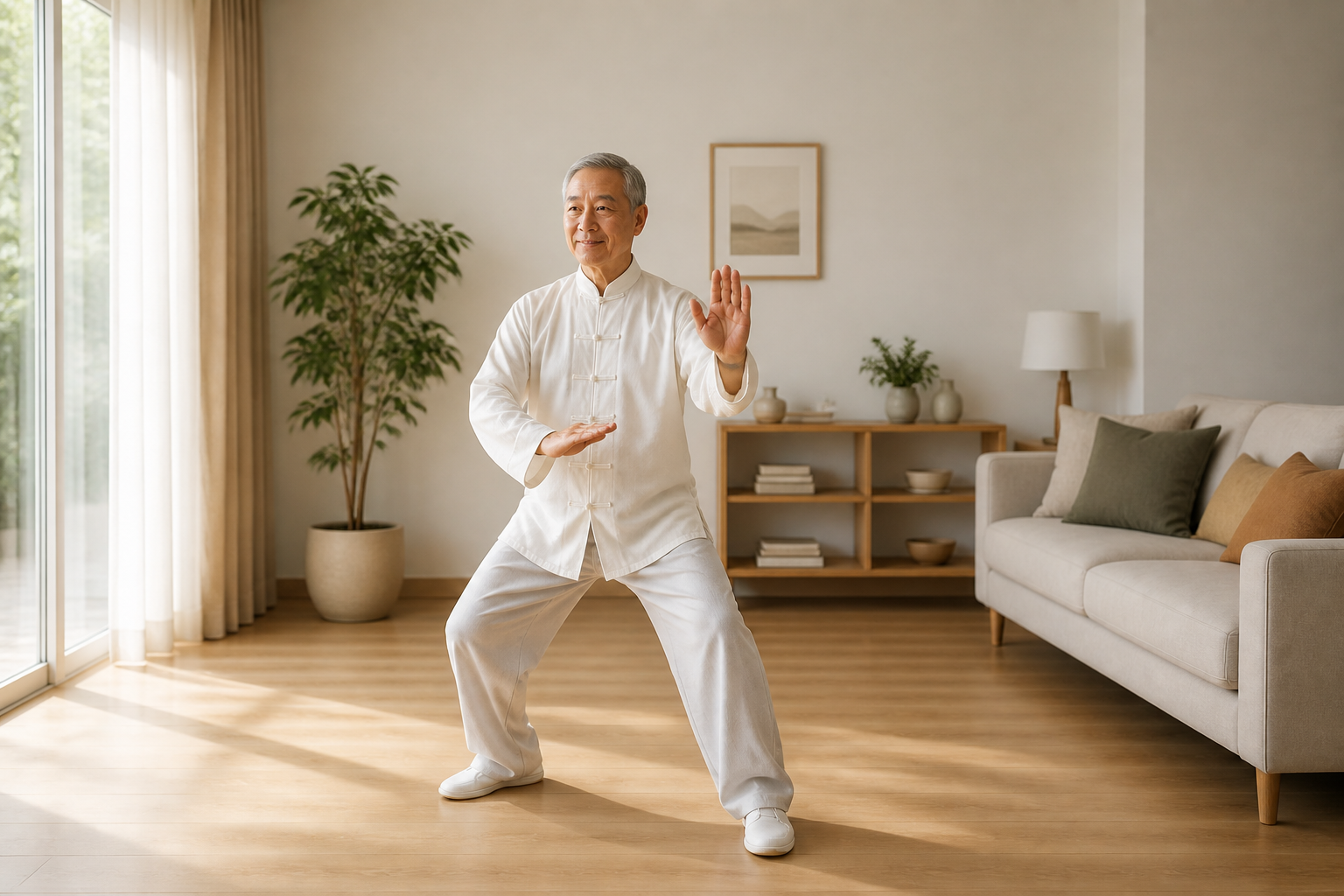 Older man doing tai chi exercises for arthritis balance at home