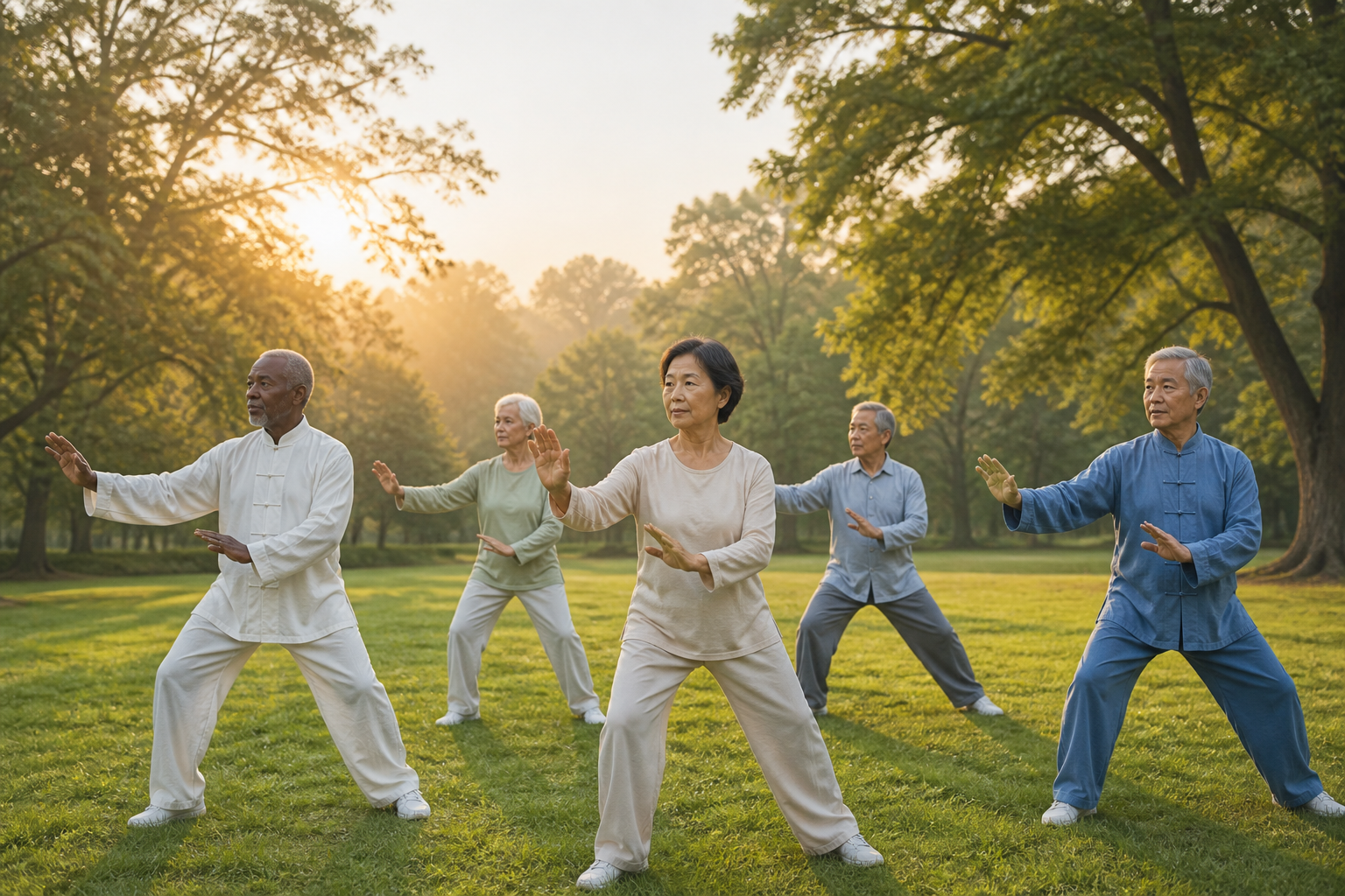 Senior adults practicing tai chi outdoors in a green park for arthritis and balance