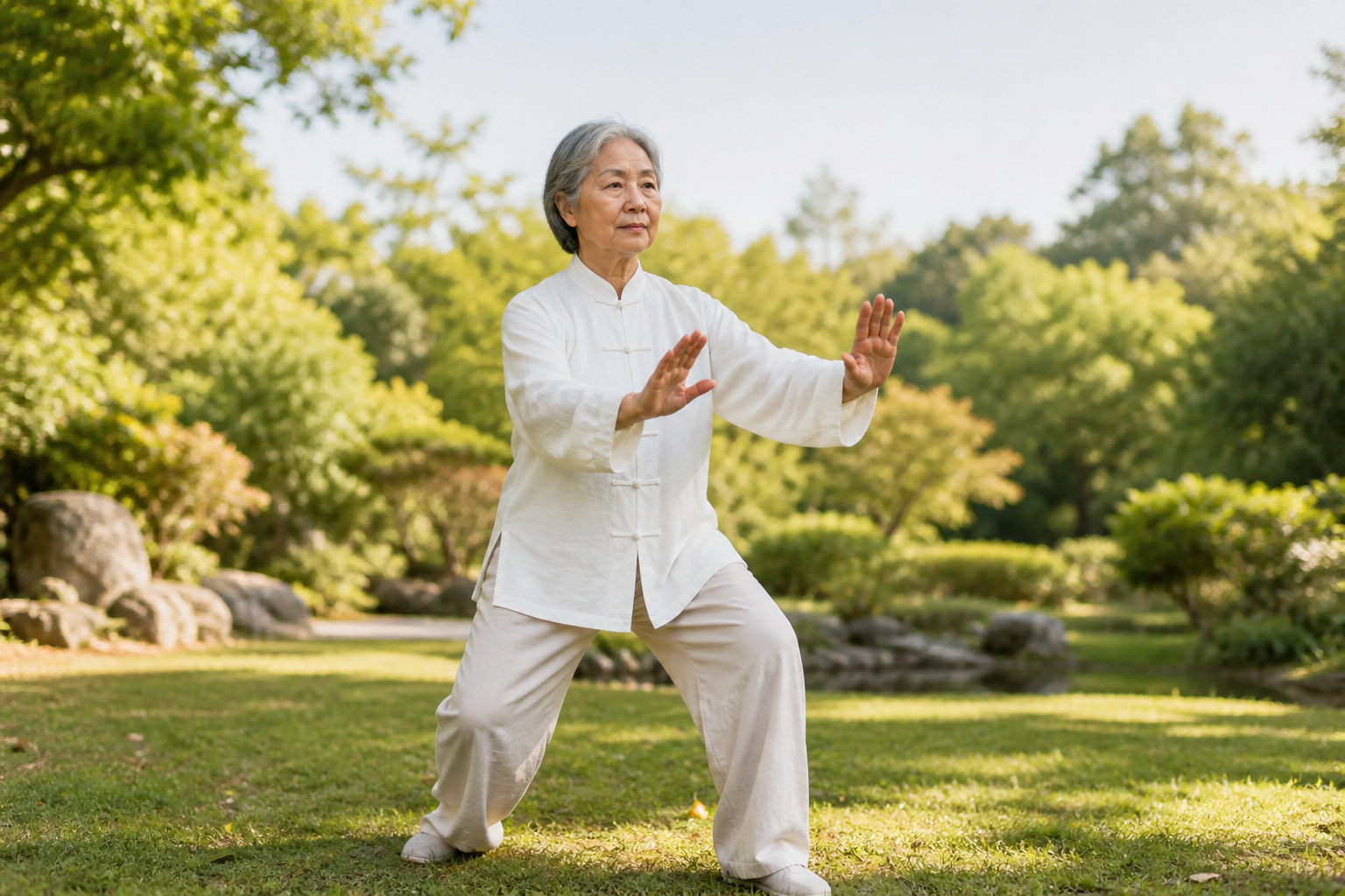 Close-up of arthritic hands and knees during tai chi exercise