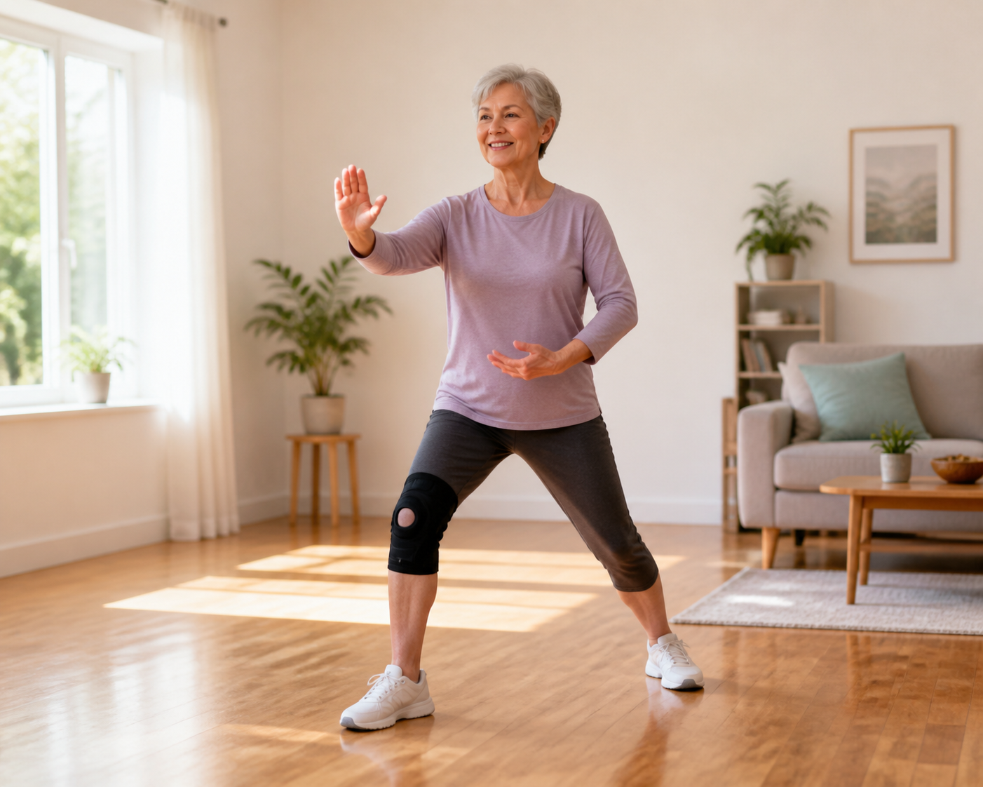 Senior woman doing tai chi indoors, wearing a knee brace for arthritis
