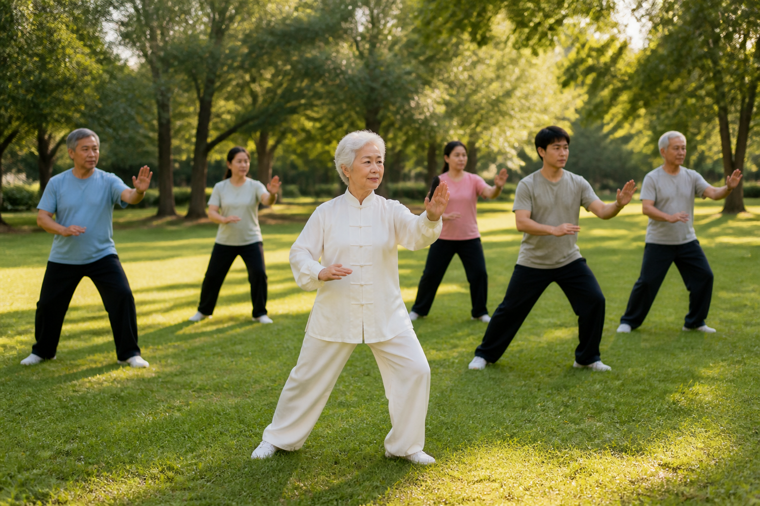 Older woman practicing tai chi for arthritis and balance outdoors