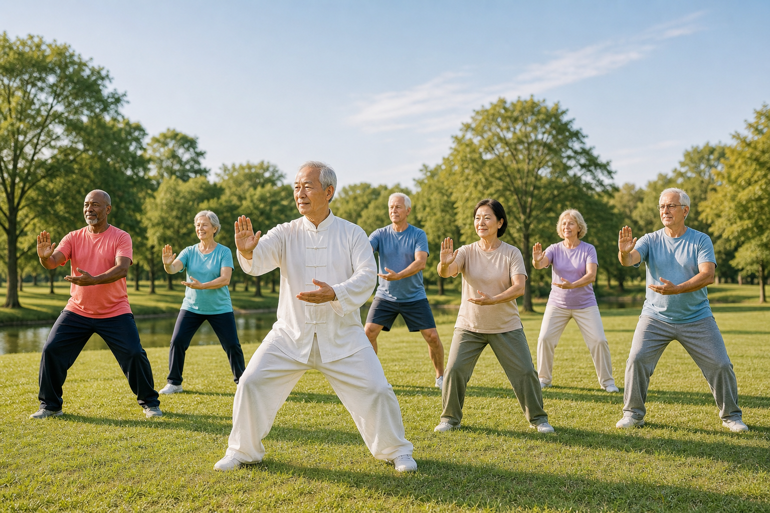 Seniors in a group tai chi class for arthritis and balance