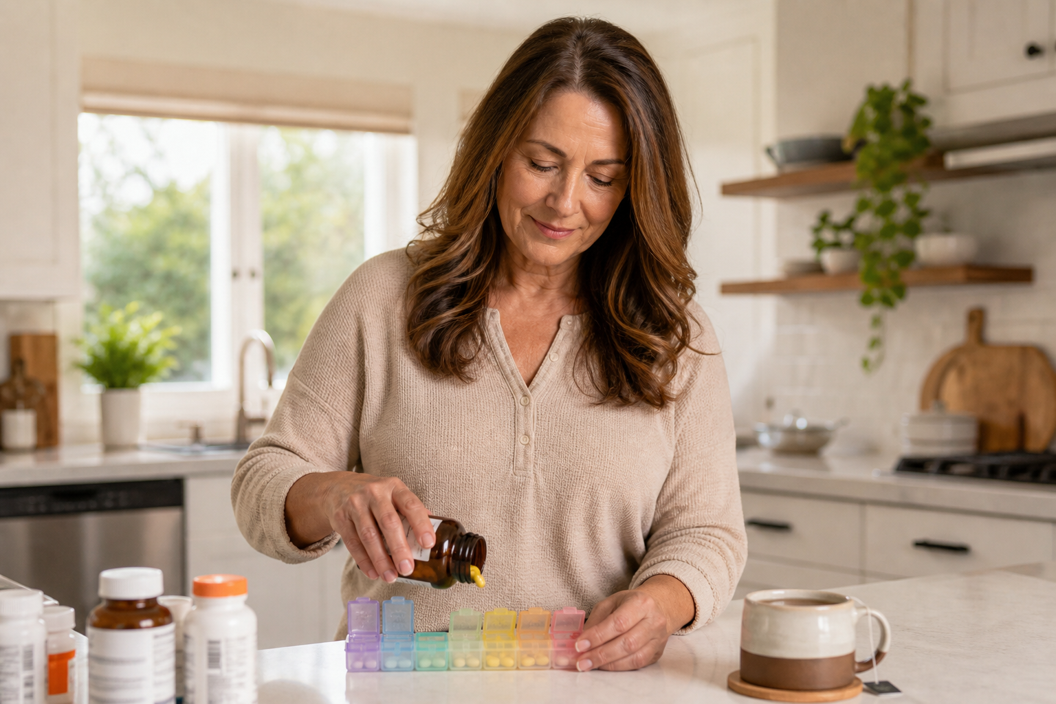 Hand pouring SAMe capsules into pill organizer with tea and arthritis medication.