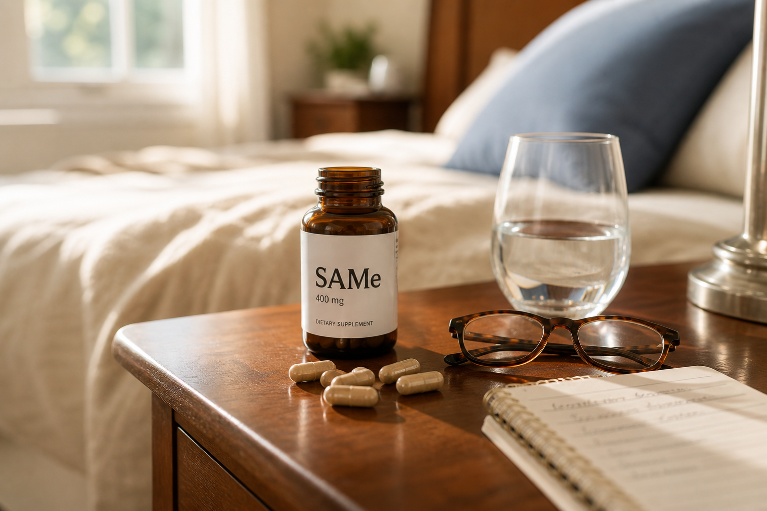 Open SAMe supplement bottle on bedside table with water, eyeglasses, and a notepad.