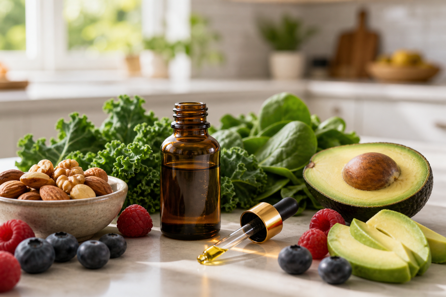 CBD oil bottle and dropper on counter with healthy anti-inflammatory foods