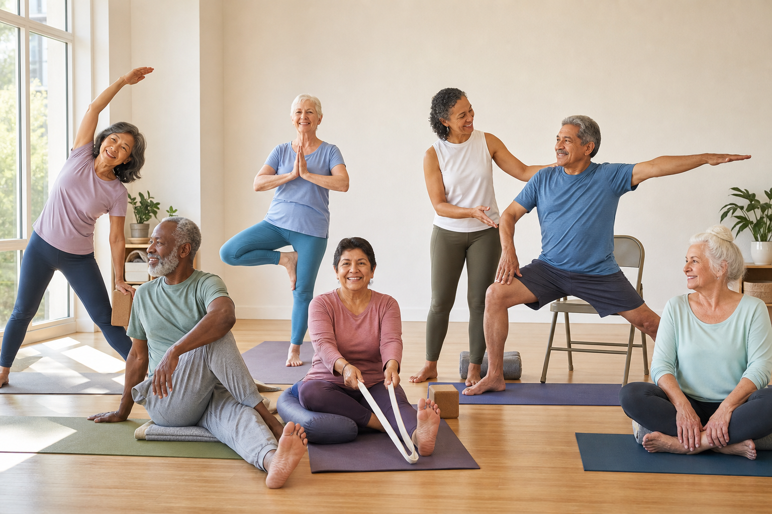 Seniors doing gentle stretches in a sunlit yoga studio for joint health