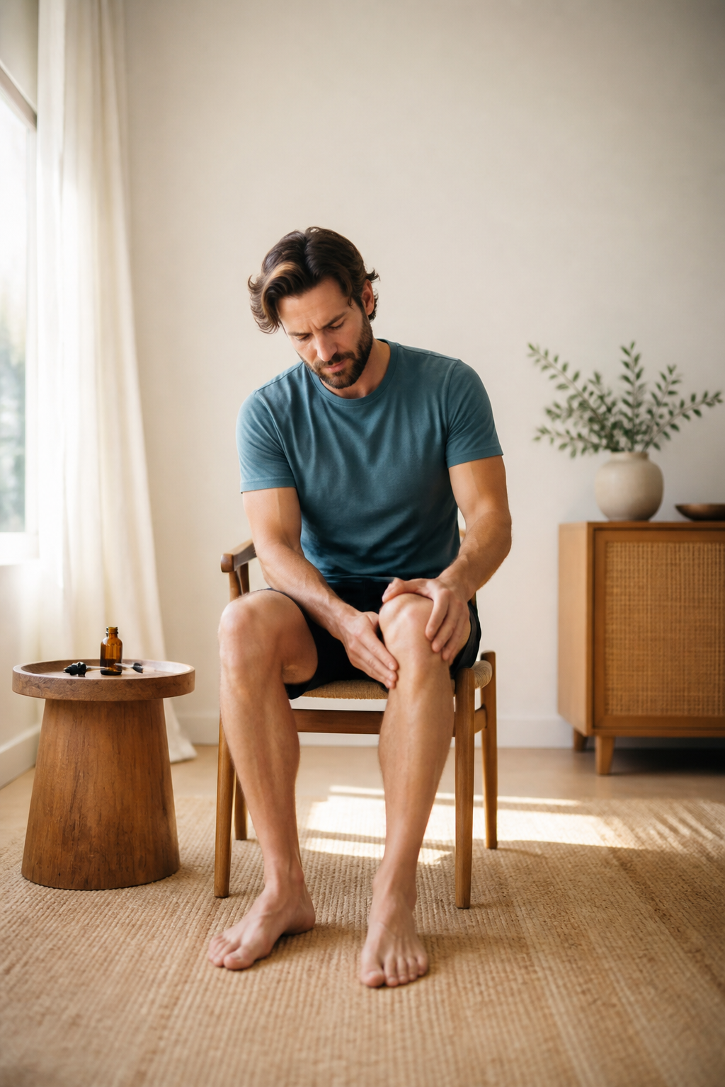 Applying CBD oil to knee for joint pain relief