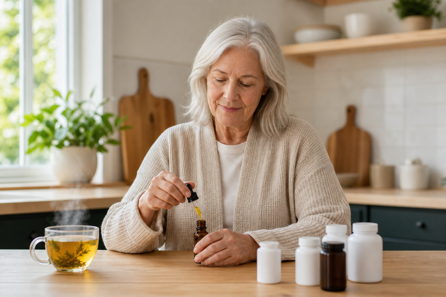 Older adult preparing CBD oil dose for pain management