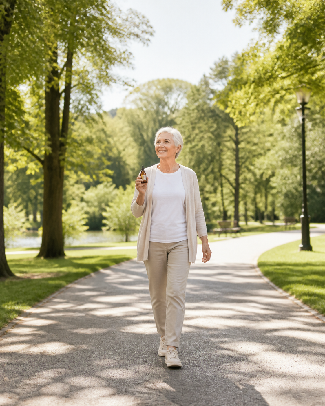 Happy senior walking with CBD oil after joint pain relief
