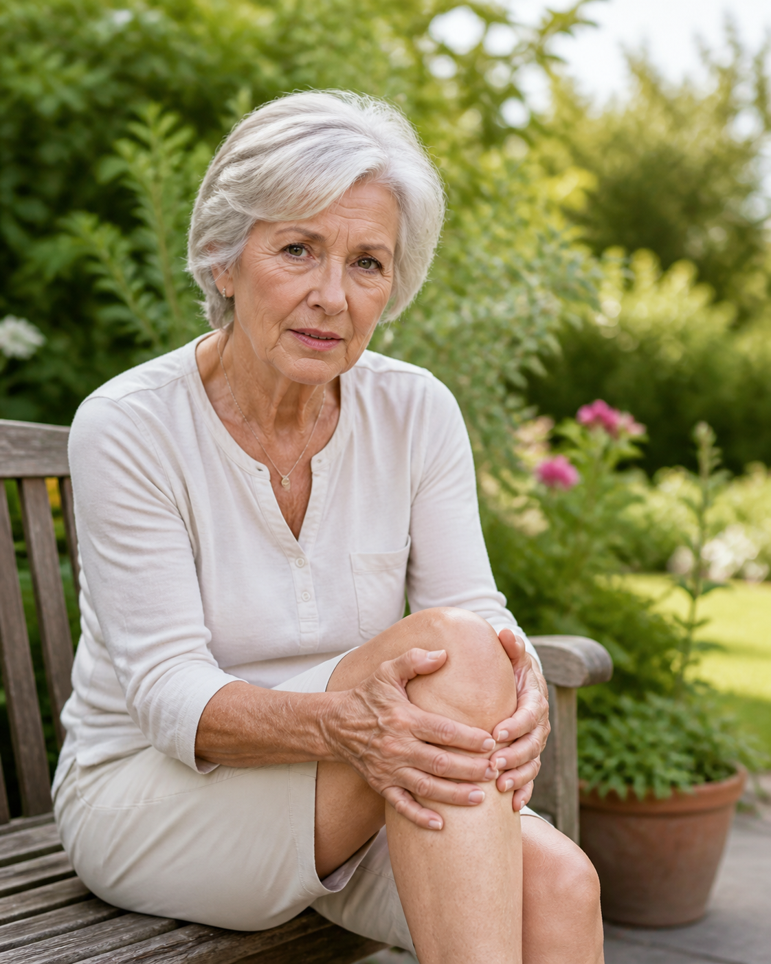 Senior woman sitting in garden holding painful swollen knee