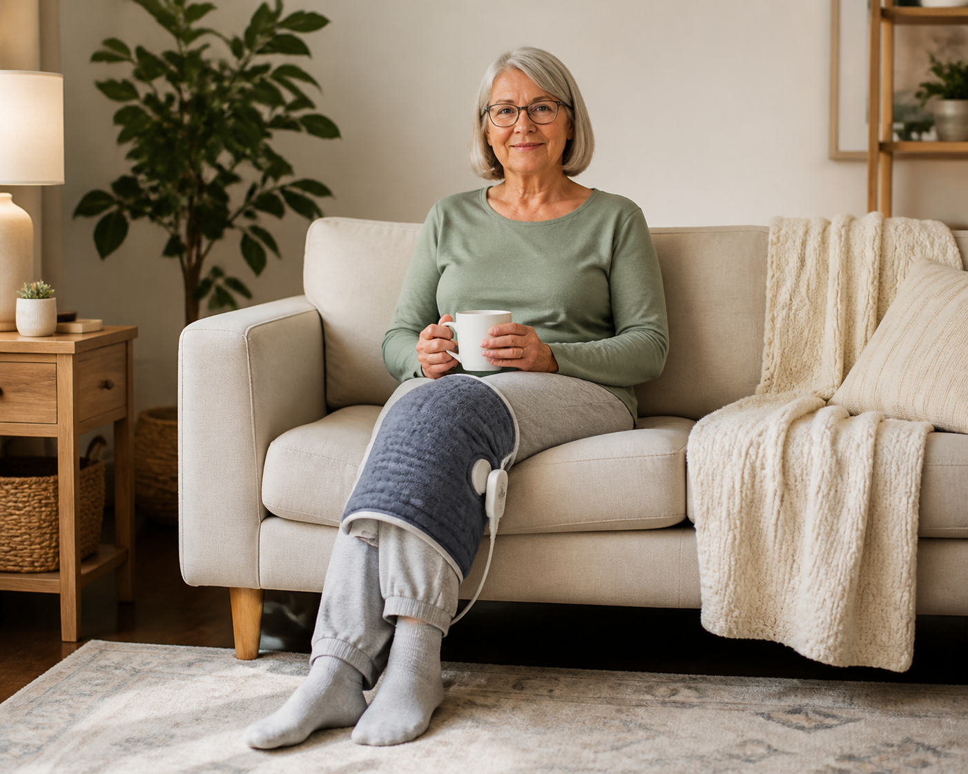 Older adult using XL heating pad on knee while relaxing on couch