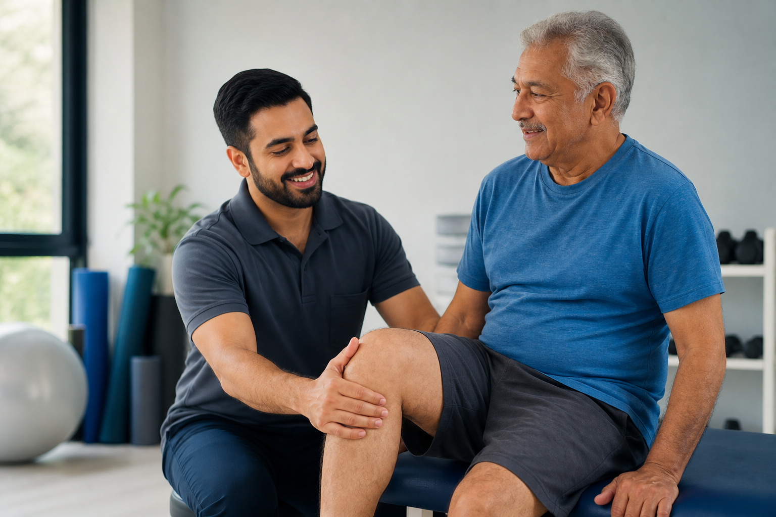 Physical therapist helping older patient with gentle knee exercise in clinic
