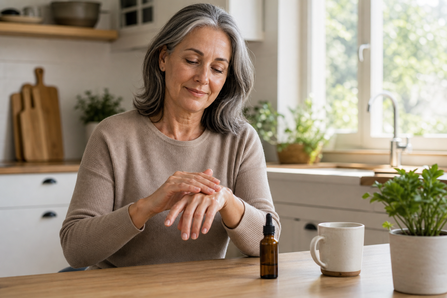Middle-aged woman uses CBD oil for hand arthritis at kitchen table.