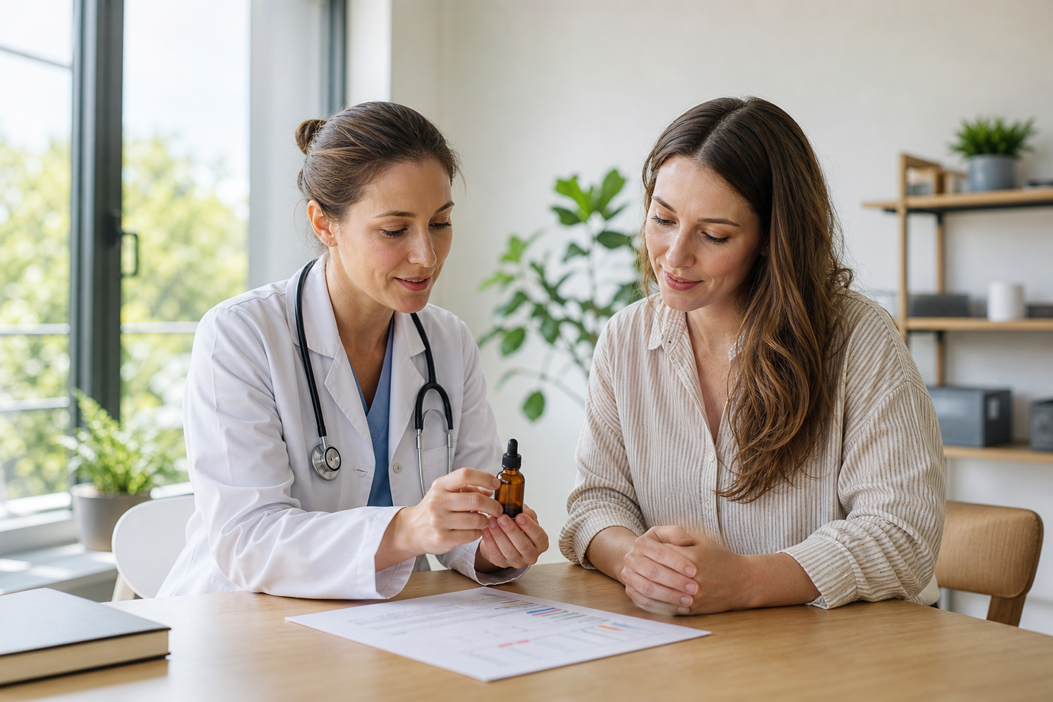 Doctor and patient discuss CBD oil and lab results in clinic.