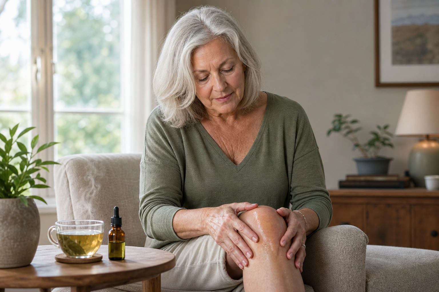 Older hands applying CBD oil to arthritic knee with natural light and tea