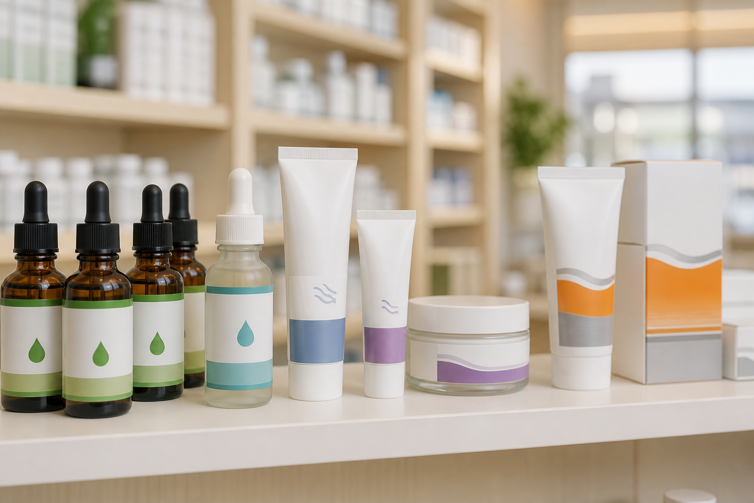 CBD oil and topical creams next to arthritis products on pharmacy shelf