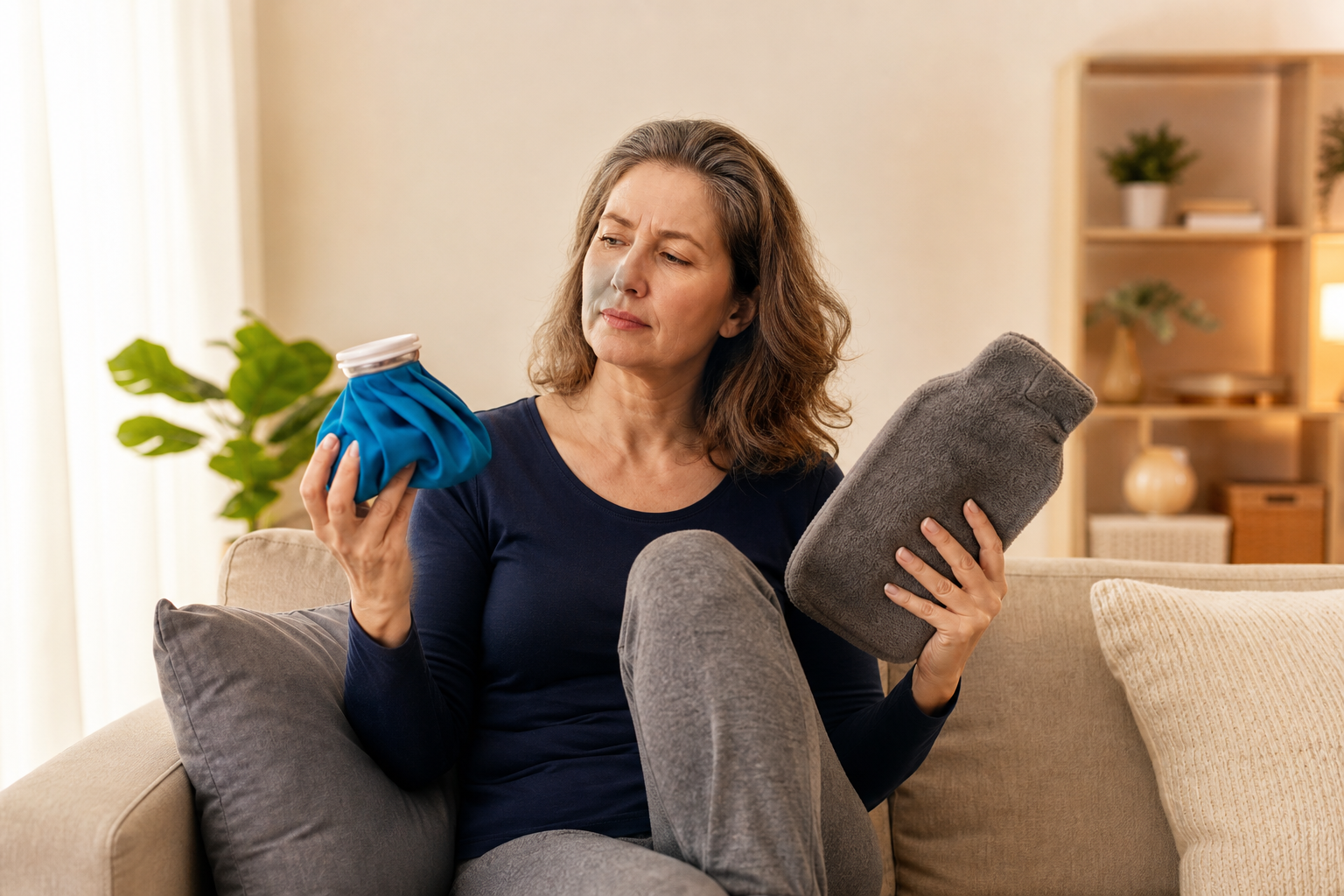 Woman holding ice pack and heating pad, considering options for joint pain relief