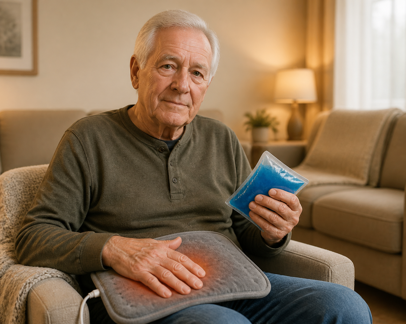 Older man's hands on heating pad and ice pack for arthritis relief