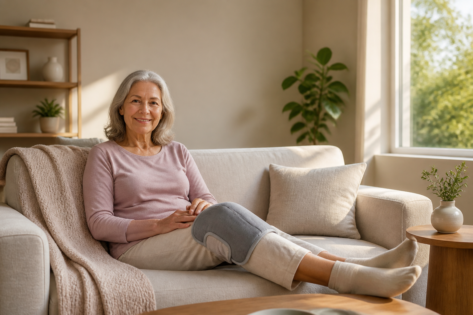 Senior woman with heating pad on knee, comfortable at home