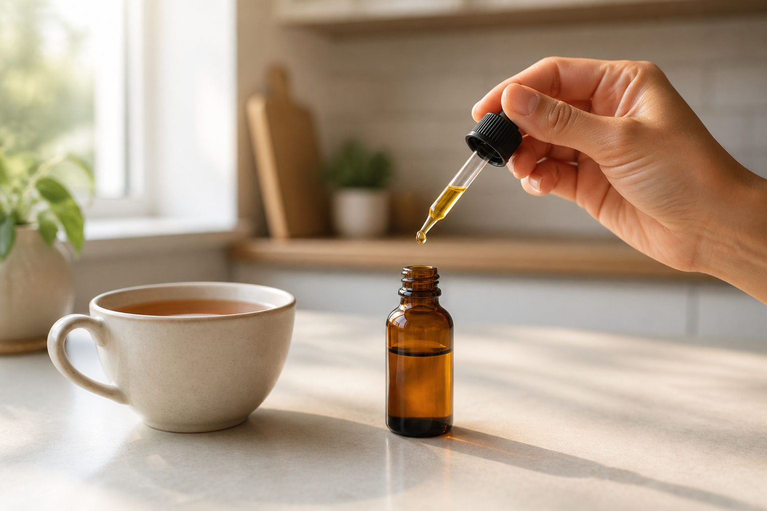 CBD oil dropper and bottle on a kitchen table