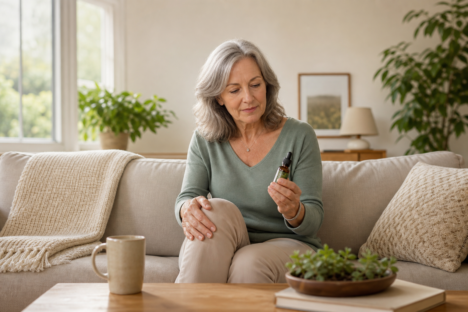 Woman using CBD oil for knee pain