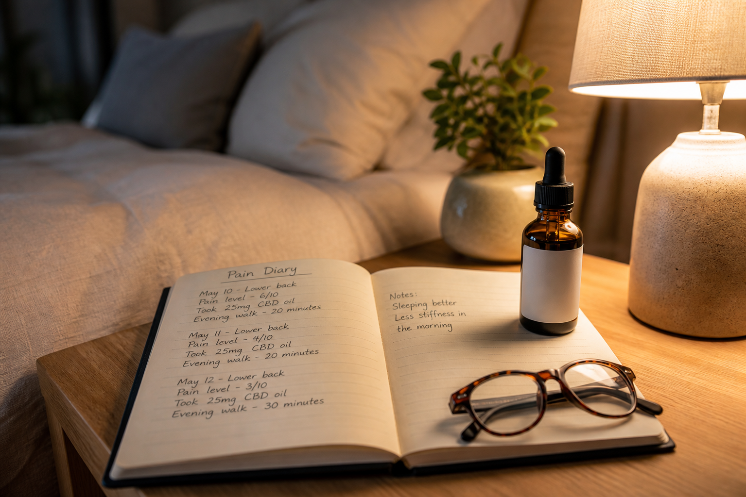Pain diary and CBD oil bottle on bedside table