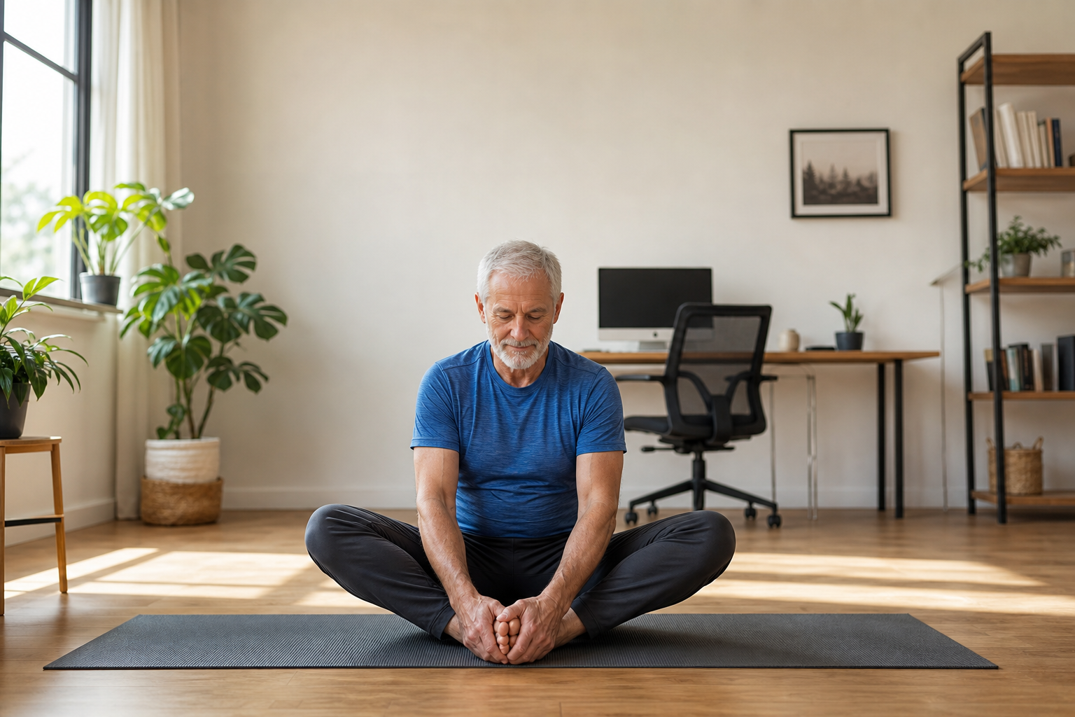 Senior man doing butterfly hip stretch on yoga mat in home office