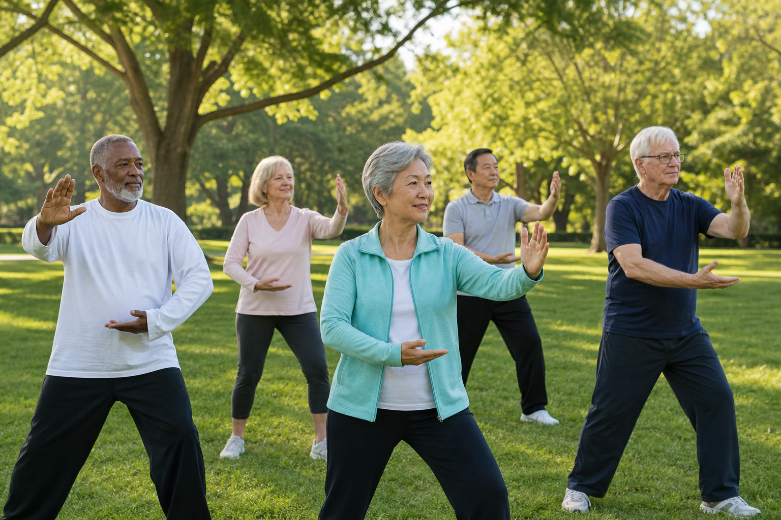 Seniors practicing tai chi outdoors for arthritis and balance.