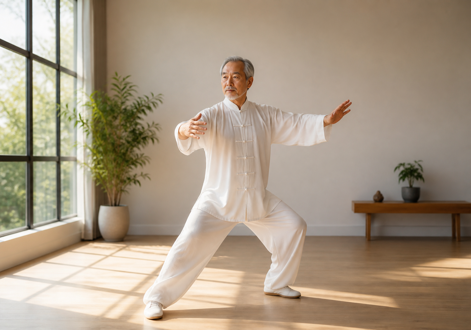 Senior man's hands and knees performing tai chi movement for arthritis relief.