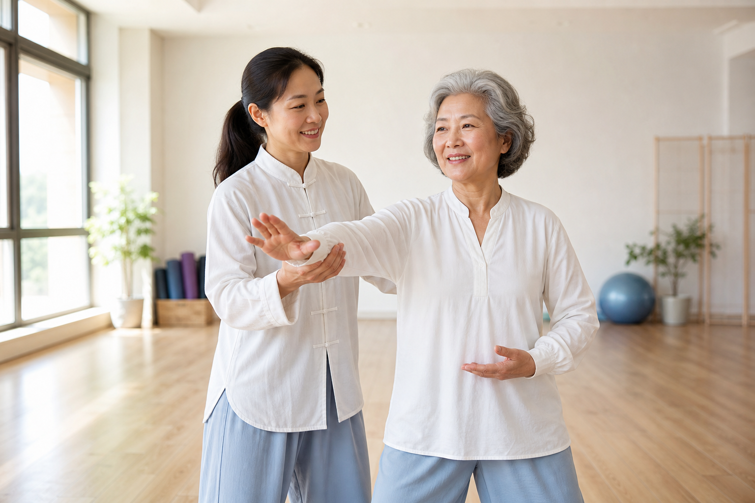 Tai chi instructor helping senior woman with balance and movement indoors.