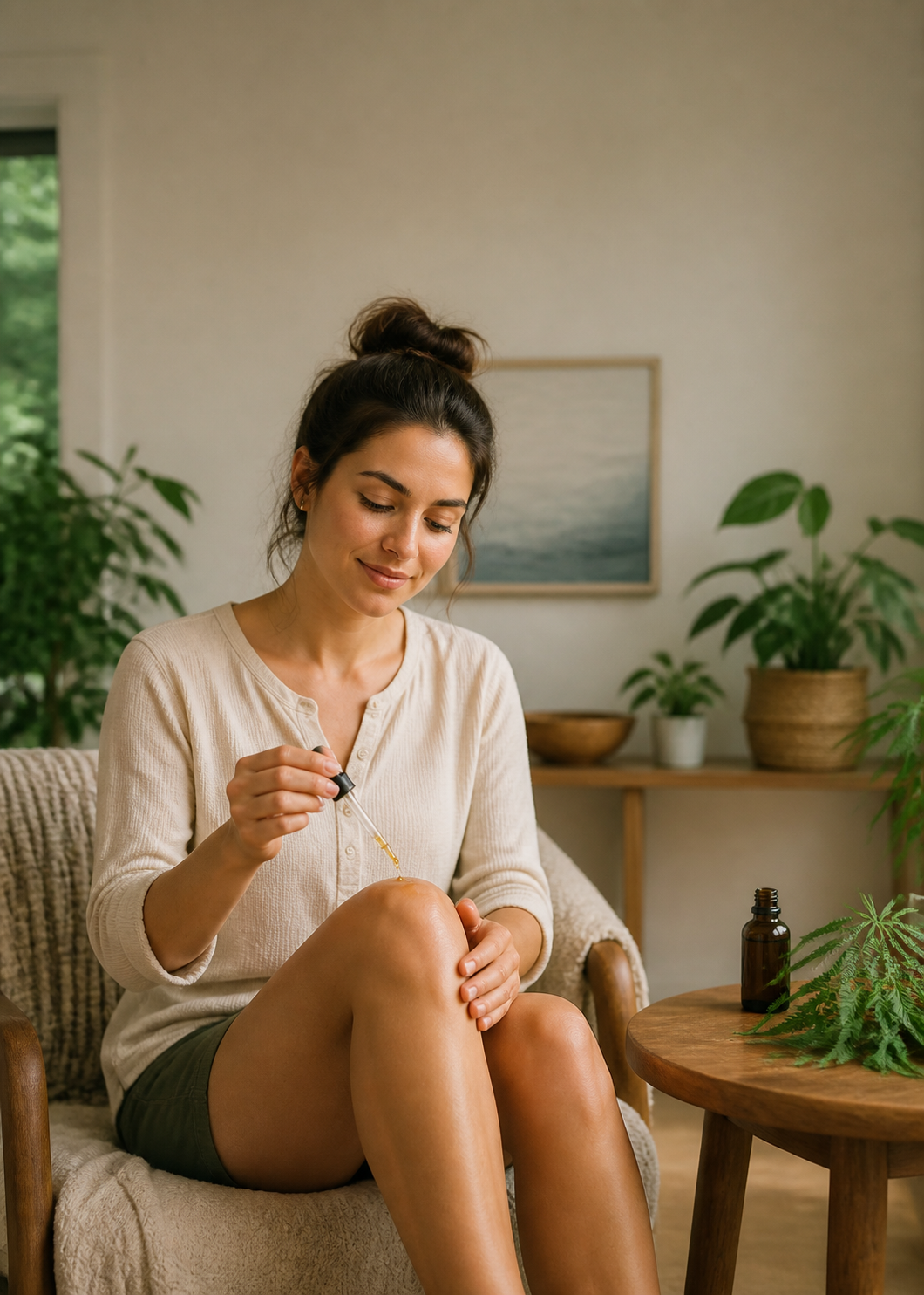 Applying CBD oil to knee for joint pain relief