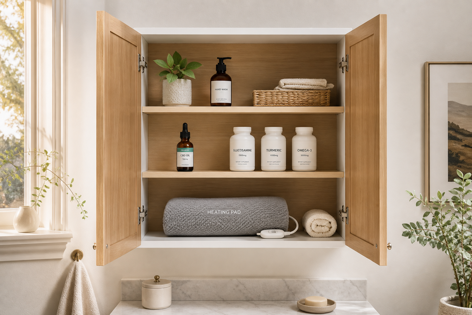 Medicine cabinet with CBD oil and joint pain products