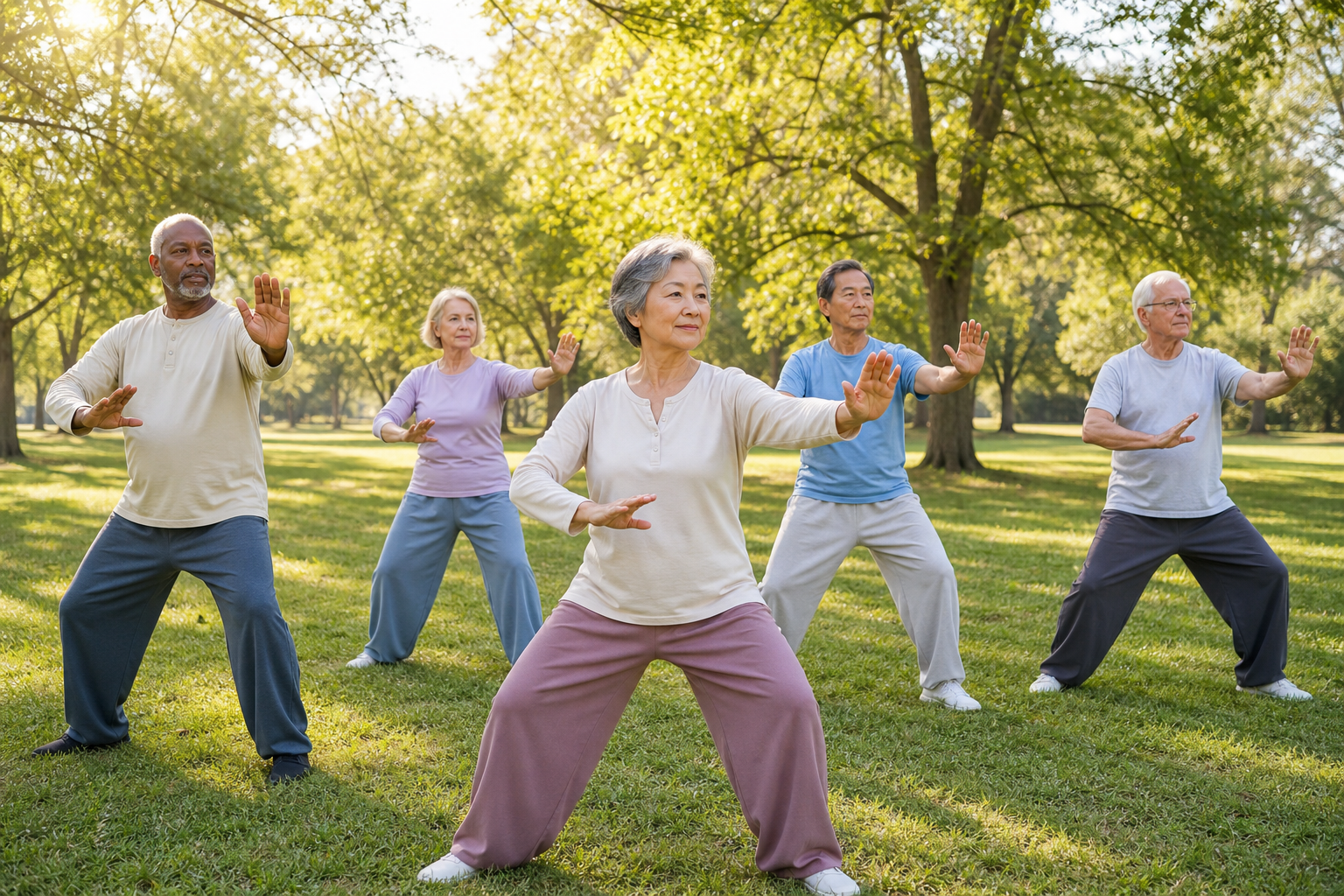 Older adults practicing tai chi in a sunny park for arthritis and balance
