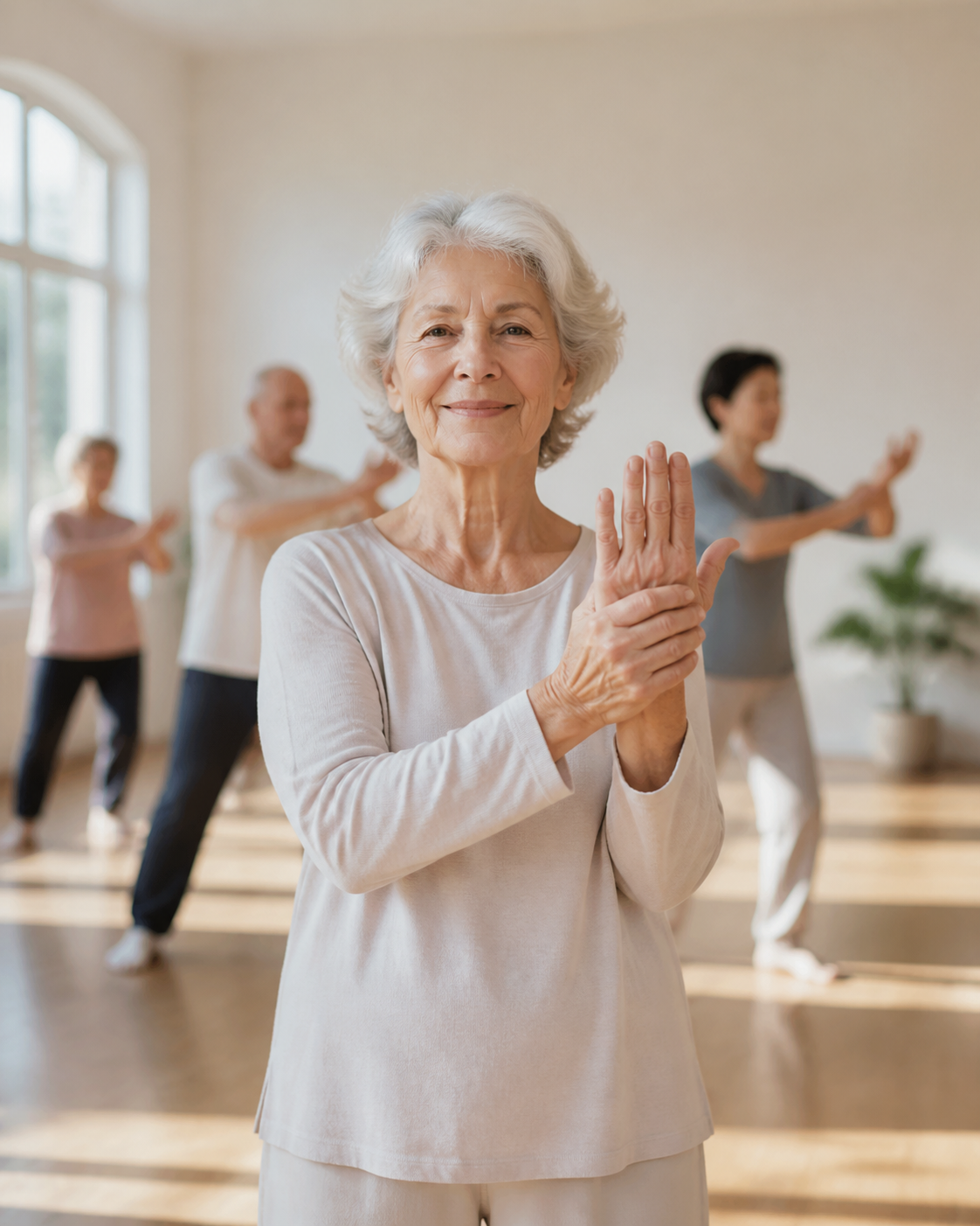Elderly woman with arthritis stretching her hands before tai chi