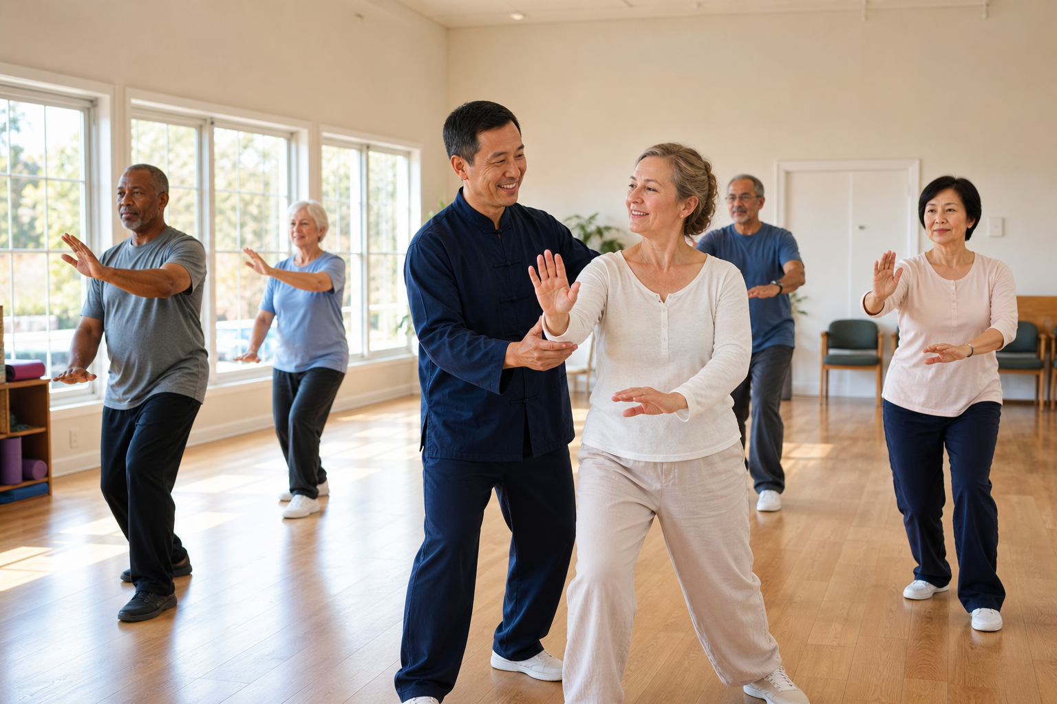 Tai chi instructor leading arthritis group for balance in community center