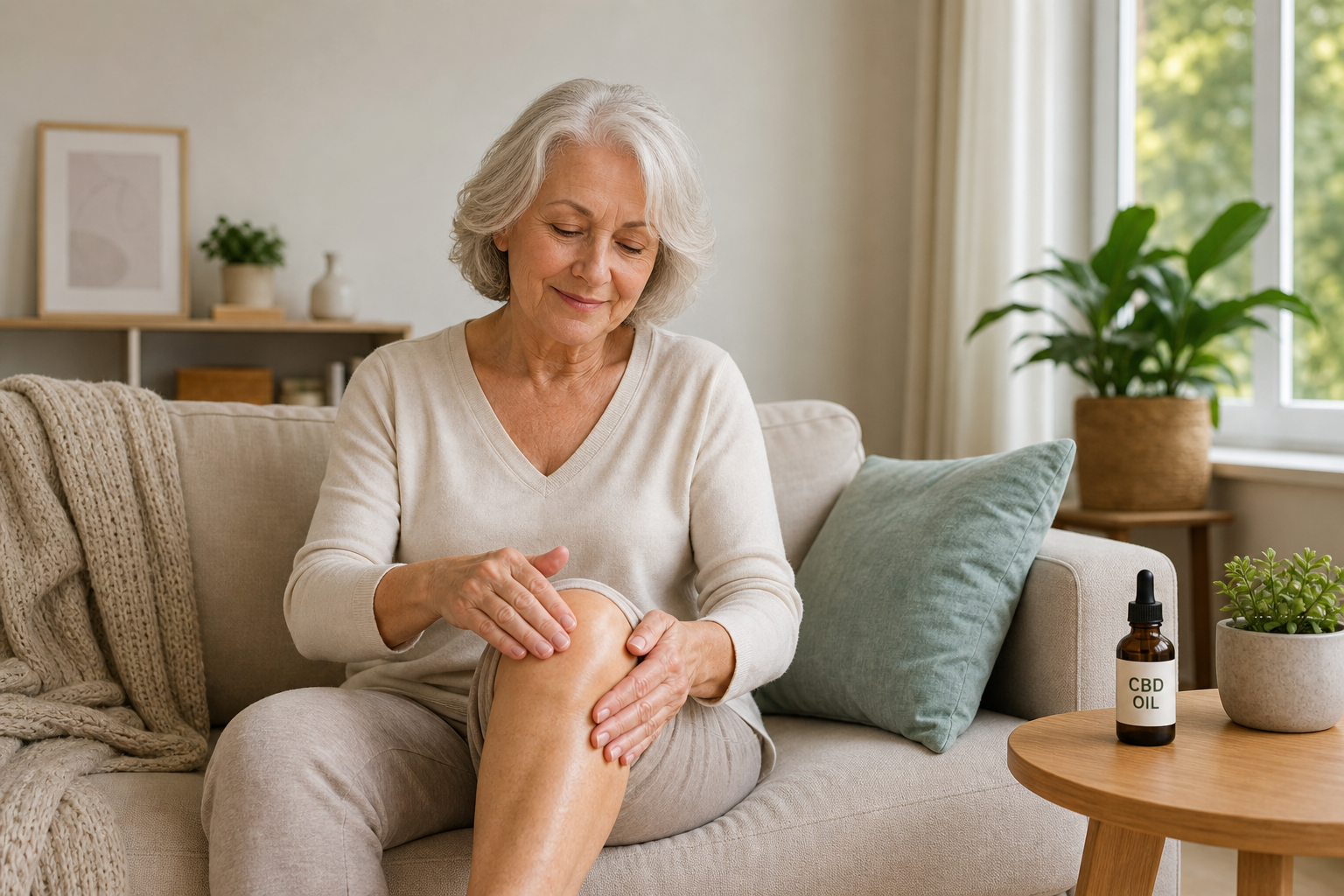 Older woman applying CBD oil to her knee while sitting on a couch
