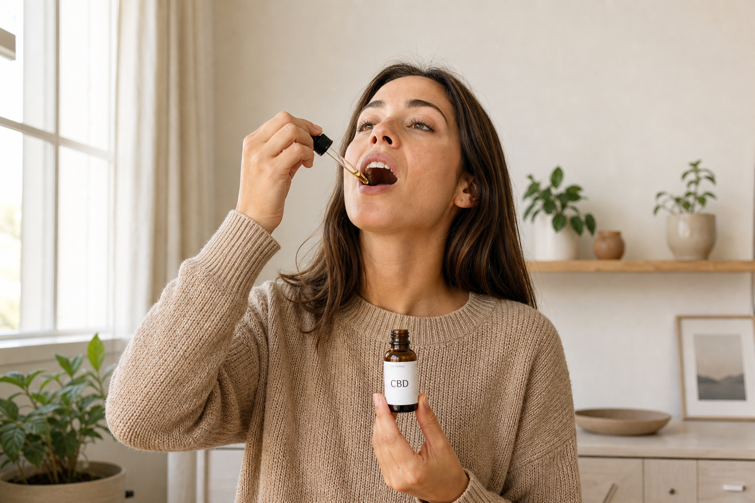 Close-up of CBD oil dropper, person taking CBD oil sublingually