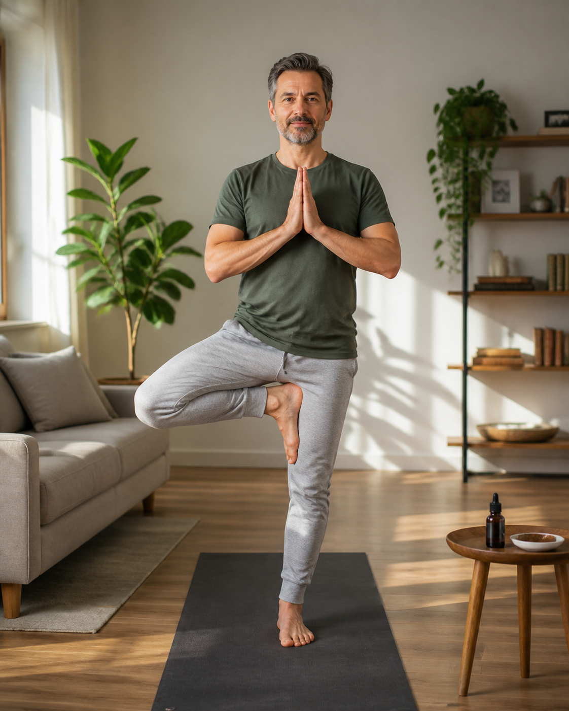 Man doing morning yoga with CBD oil bottle visible on a nearby table